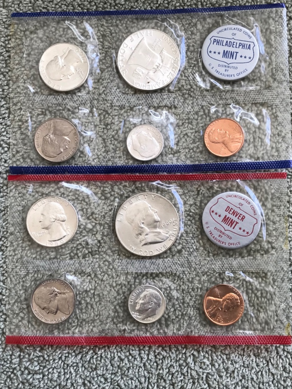 1960 P&D U.S. Mint Uncirculated Set - 10 Coins - 90% Silver Half, Quarter, Dime